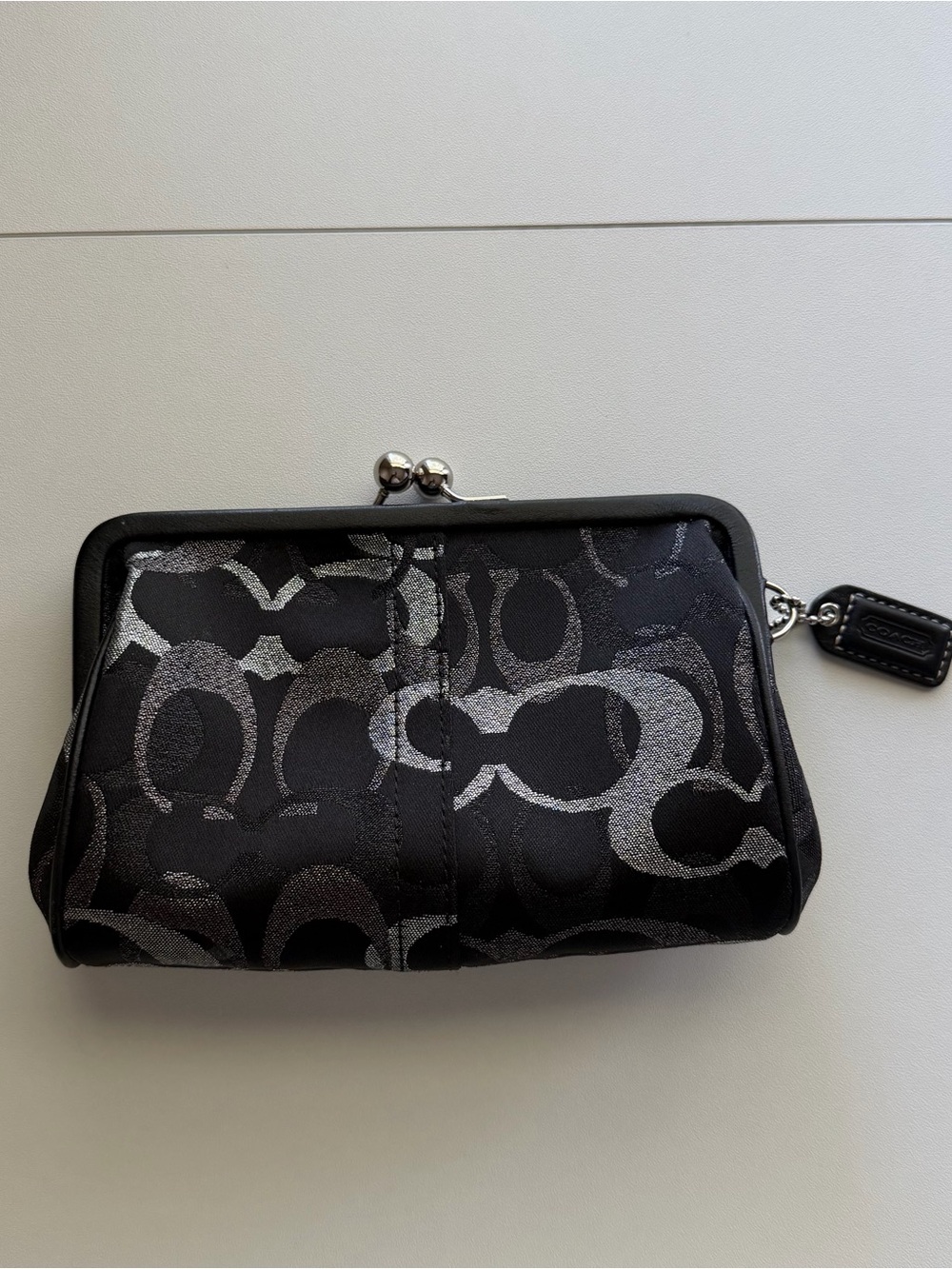 Coach Black and Silver Signature Clasp Coin Wallet